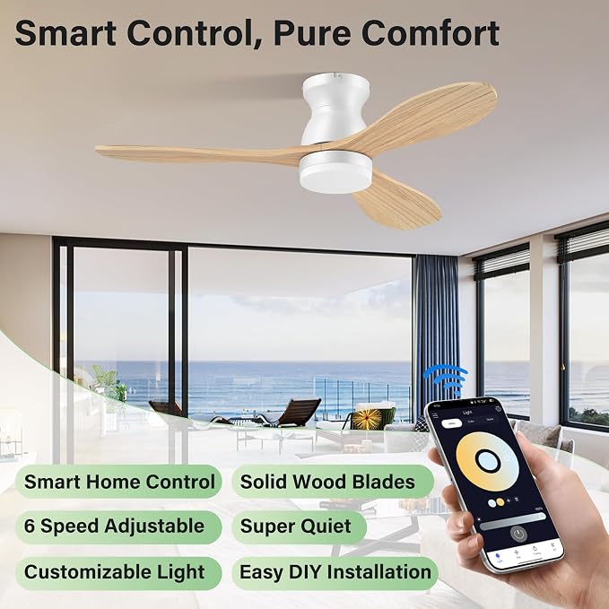 42" Wood Ceiling Fans with Lights,Smart Control via Remote WiFi Alexa APP,Quiet DC Motor,Modern Flush Mount Ceiling Fan for Low Profile Bedroom,Patio,3 Blade,Natural Wood and White,Outdoor Indoor,Dim