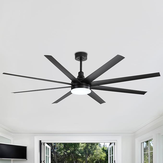 72" Black Ceiling Fans with Lights and Remote, 8 ABS Blades, 6-Speed Reversible DC Motor, 2 Downrods, 3 Color Led Light, Large Industrial Indoor Ceiling Fan Fandeliers for Bedroom Living Dining Room