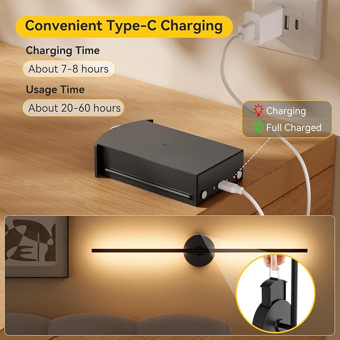 Ouyulong Battery Operated Wall Sconces Set of 2, 8000mAh Wireless Rechargeable 3000-6000K Dimmable 350° Rotate Wall Light with Remote for Living Room, Bedroom 31.6in Black