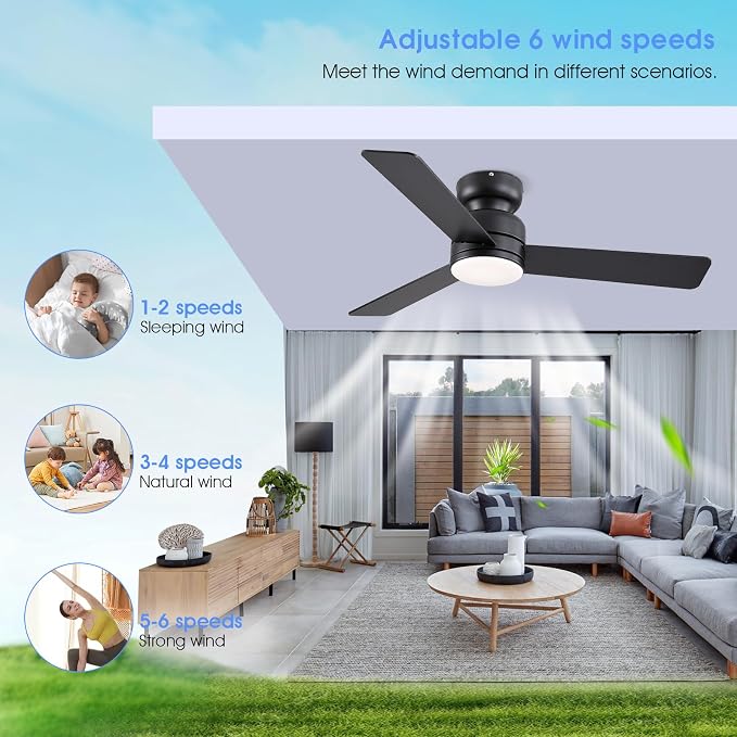 Kviflon 46 inch Modern Ceiling Fans with Lights and Remote/APP Control, Low Profile Flush Mount, Reversible 3 Blades, Double Sided, 6 Speeds, 3CCT, Dimmable LED Lights for Kids Room Bedroom, Black