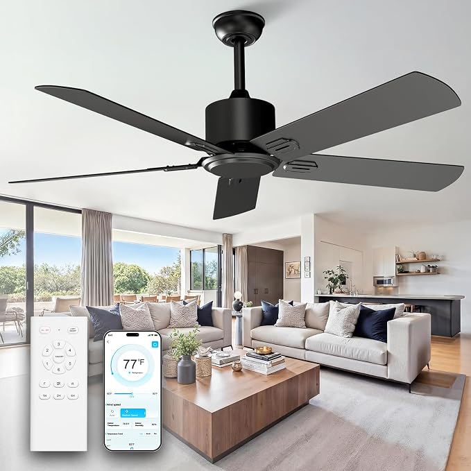 Obabala 52 Inch Ceiling Fan No Light, Modern Black Ceiling Fan Without Light with Remote & APP, Quiet Reversible DC Motor, 6-Speeds, for Living Room, Bedroom, Patio