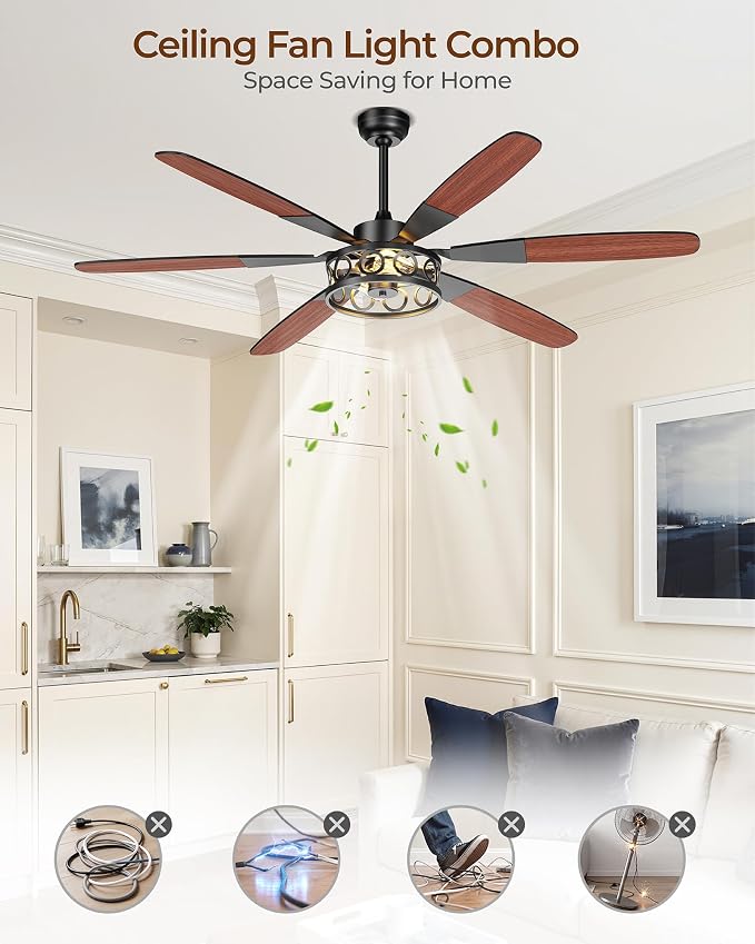 Ceiling Fans with Lights and Remote, 62'' Vintage Caged Ceiling Fan with Light, 6 Blades, 6+1 Speed, Flush Mount Ceiling Fan Whisper-quiet for Farmhouse, Living Room, Kitchen and Porch (62 Inch)