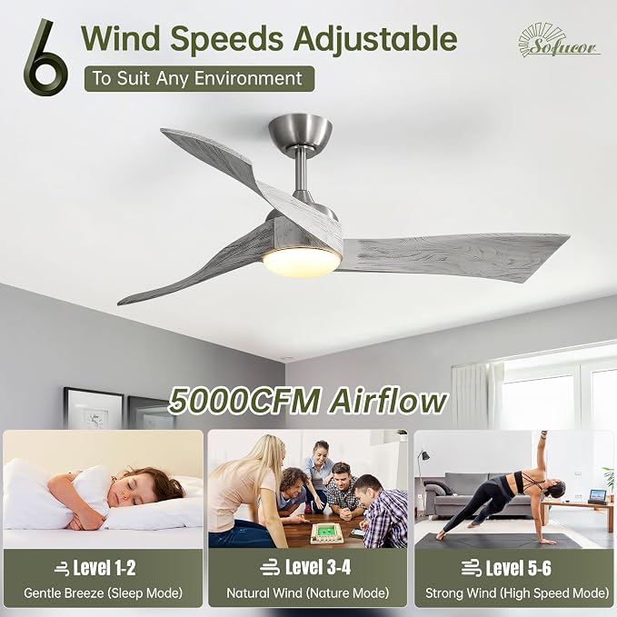 Sofucor 52 Inch Ceiling Fan with Light and Remote - 3 Solid Wood Blades, Quiet DC Motor, 6 Speeds 5000CFM, Dimmable Tri-Color LED with Memory, Timer & Reversible for Living Room, ETL, Gray Wood