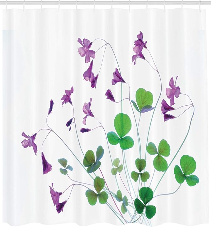 Ambesonne Flower Shower Curtain, Springtime Garden Wildflowers and Clovers Modern Floral Theme Graphic Print, Cloth Fabric Bathroom Decor Set with Hooks, 69" W x 70" L, Purple White