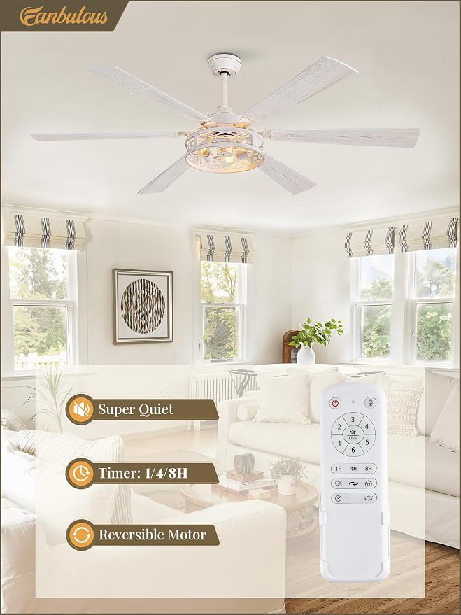Fanbulous 65 Inch Ceiling Fan with Lights, Farmhouse Caged Ceiling Fans with Remote, White Industrial Ceiling Fans with Quiet Reversible DC Motor, Large Ceiling Fan for Living Room, Bedroom