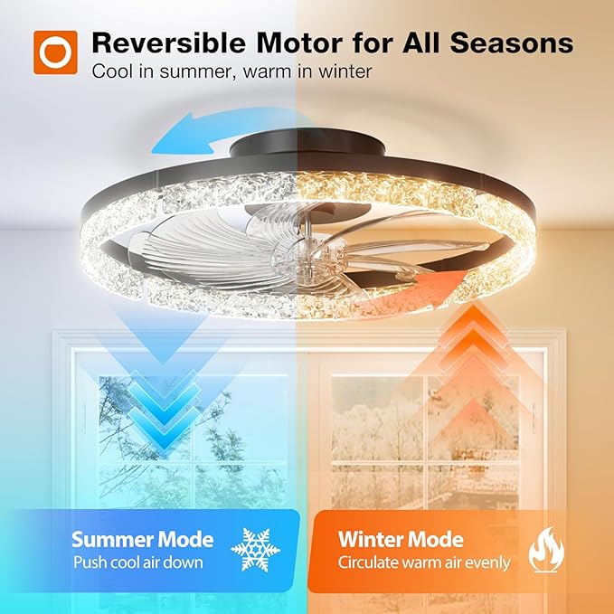 addlon Ceiling Fans with Lights and Remote, 20'' Low Profile Flush Mount Ceiling Fan, 3000–6000K Dimmable LED Fandelier, Bladeless Crystal Fan Light for Bedroom, Kitchen, Living Room, Black