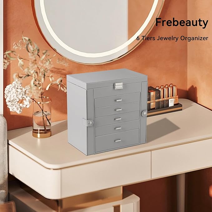 Frebeauty 6-Layer Jewelry Box for Women,Large Jewelry Organizer with Drawer | Faux Leather,Built-in Mirror,Spacious Jewelry Storage,16 Necklace Hooks,Organizing by Category for Rings Earrings Bracelet