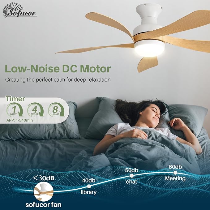 Sofucor Smart 42'' Low Profile Ceiling Fan with Lights and Remote, Flush Mount Ceiling Fan Work with APP/Alexa/Google for Modern Bedroom Living Room Patio, Dimmable LED Quiet Reversible DC Motor
