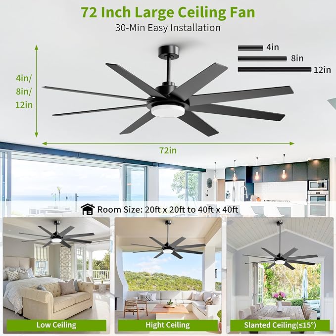 72 Inch Ceiling Fans with Lights and Remote APP Control, Outdoor Indoor Black LED Big Ceiling Fan Reversible 24db Quiet, 6 Speed 3CCT Dimmable,Modern Ceiling Fan for Patio Living Room Farmhouse Garage