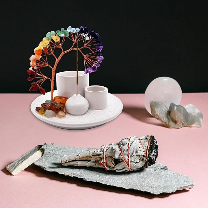 5 in 1 Incense Burner Holder with Crystal Healing Tree, Palo Santo Holder, Sage Holder, Incense Holder for Sticks/Cones/Candles, Ceramic Tray Ash Catcher for Burning Incense, Meditation Gift (White)