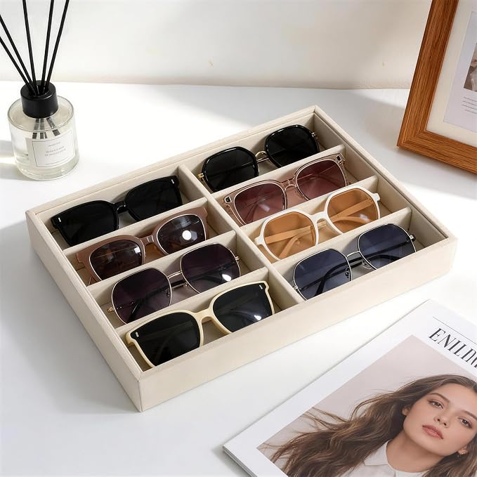 Sunglass Organizer, 8 Grids Beige Velvet Glasses Tray for Eyeglasses Watches Jewelry Display Handmade Craft Storage Box for Home or Shop, Large Capacity 13.8"x9.4" Men Women