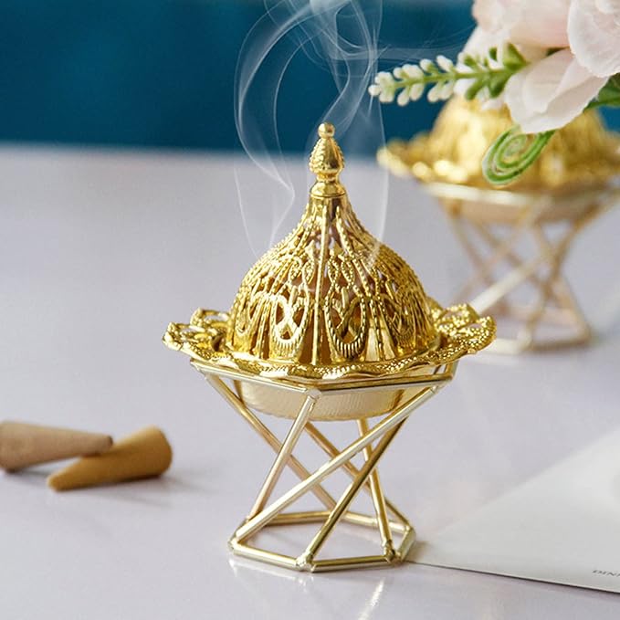 Topyond Arabic Incense Burner, Golden Metal Incense Holder, Vintage Backflow Incense Holders, Exquisite Lotus Flower Design, for Worship and Home Decor