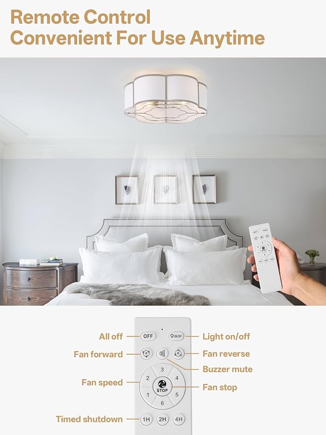 20" Boho Ceiling Fan with Lights Flush Mount, Silver Enclosed Ceiling Fans with Lights Remote Control, Caged with 6 Speeds for Bedroom, Living Room, Nursery