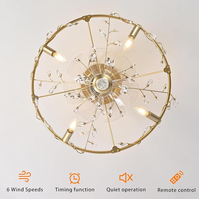Ganeed 23.6 Inch Gold Crystal Fandelier Ceiling Fan with Light, Chandelier Ceiling Fan with Lights Remote Control, Modern Crystal Fandelier 6 Speeds for Girl's Bedroom Nursery Living Room Kitchen