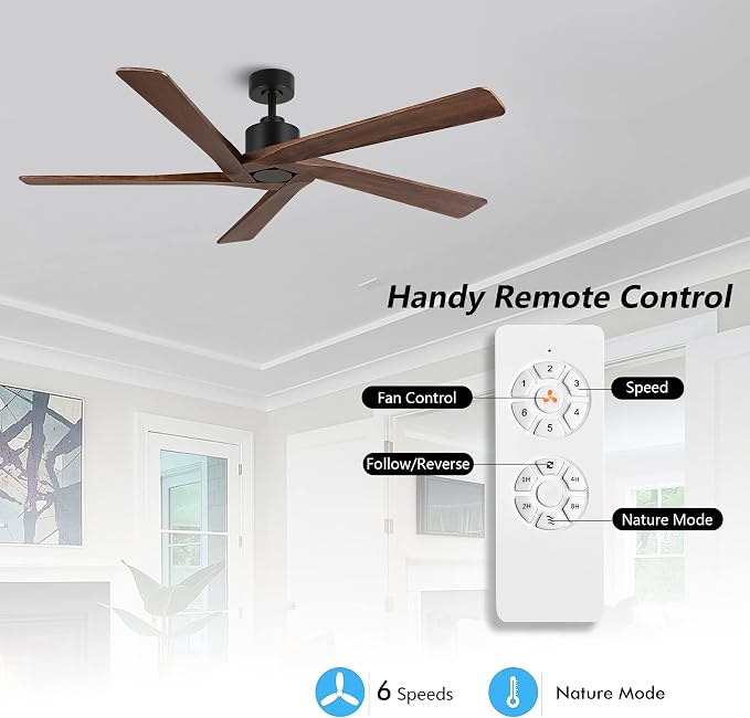 WINGBO 54 Inch DC Ceiling Fan without Lights, 5 Reversible Carved Solid Wood Blades, 6-Speed Noiseless DC Motor, Ceiling Fan No Light with Remote, Matte Black Finish with Walnut Blades, ETL Listed
