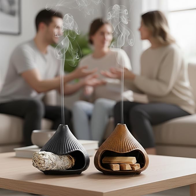 Retro Ceramic Palo Santo Holder, Sage Smudge Burner, Mini Fireplace Mount Fuji Chimney Incense Ash Catcher, Boho Zen Meditation Home Decor Gift (Rustic Brown)