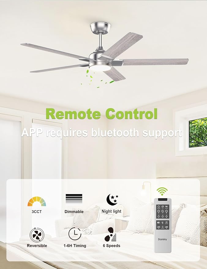 DAMINY 52 inch Nickel Ceiling Fans with Lights,5 Blades,3CCT, Low Profile,Remote Control,for Bedroom, Kitchen,Living Room,Indoor/Outdoor Use,Downrod