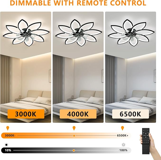 35" Ceiling Fans With Lights and Remote, Low Profile Flush Mount | Ceiling Fan With Light Modern Dimmable 3 Colors 6 Speed Quiet Reversible Motor Timing for Bedroom Living Room Kitchen Black