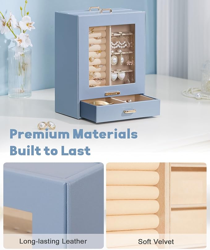 Homde Display Jewelry Box for Girls: Starter Organizer with Clear Window | Vertical Drawers for Earrings Rings Necklaces - Compact Footprint Fits Small Vanities - Birthday&Graduation Gift for Teens