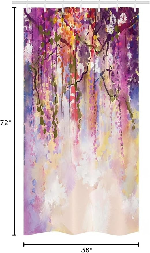 Ambesonne Japanese Stall Shower Curtain, Floral Country Style Watercolor Japanese Garden Flowers with Rain Backdrop, Fabric Bathroom Decor Set with Hooks, 36" W x 72" L, Peach Purple
