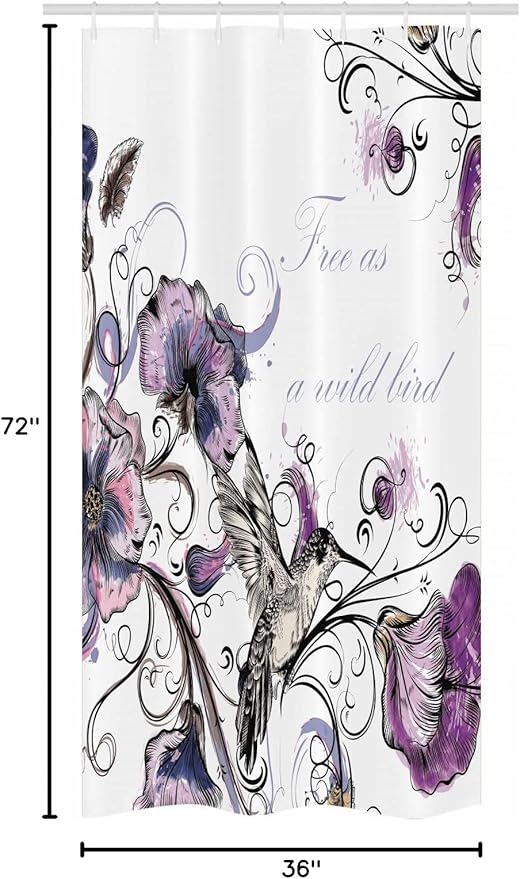 Ambesonne Hummingbird Stall Shower Curtain, Flowers Leaves Bird and Classic Patterns Curvy Lines Ornament Nostalgic Art, Fabric Bathroom Decor Set with Hooks, 36" W x 72" L, Purple Black