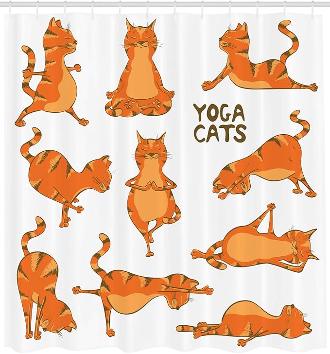 Ambesonne Cat Shower Curtain, Cats Doing Funny Fitness Exercises and Flexibility Position Sports Stretch Gymnastics, Cloth Fabric Bathroom Decor Set with Hooks, 69" W x 75" L, White Orange