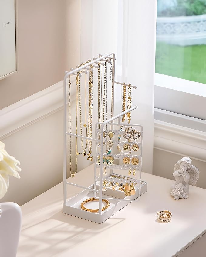 ProCase Jewelry Stand Holder Organizer and Storage, White (No-Assembly) | Rotating Earring Bracelet Holder Storage, Hanging Jewelry Display Velvet Ring Tray, Teen Girls Birthday Gifts Room Dorm Decor