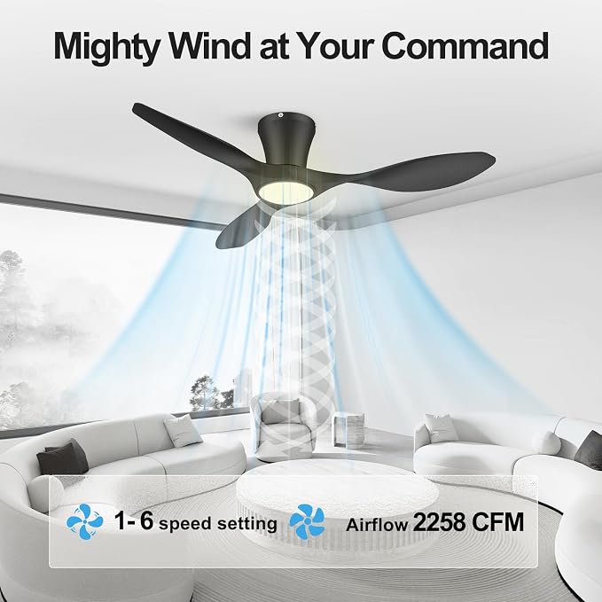 ocioc 42 inch Ceiling Fans with Lights and Remote, Dimmable Ceiling Fans with Reversible Quiet DC Motor, Flush Mount, 3CCT, Black Ceiling Fan for Bedroom Living Room Indoor/Outdoor
