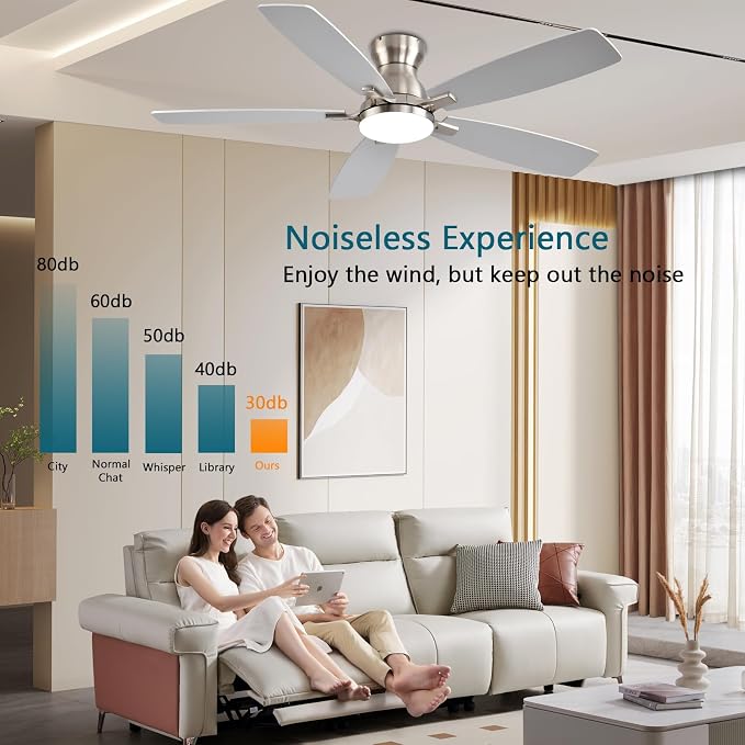 JSAITEE Ceiling Fans with Lights, 52 Inch Low Profile Ceiling Fan with Light and Remote Control, Flush Mount, DC Reversible Motor, Noiseless, Nickel 6 Speeds Ceiling Fan for Bedroom