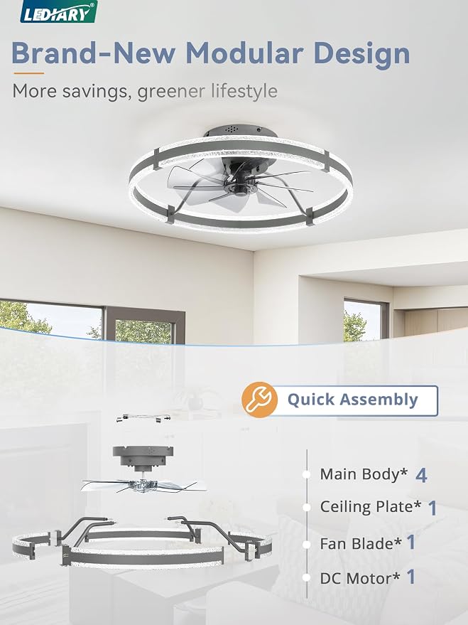 LEDIARY Ceiling Fans with Lights and Remote, 24'' Low Profile Ceiling Fan with Light, 3000-6000K Dimmable Fandelier Ceiling Fans, Modern Flush Mount Fan for Bedroom with 6 Wind Speeds- Sandy Gray