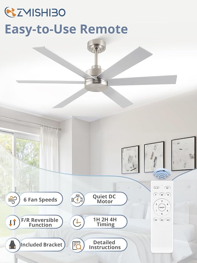 ZMISHIBO 48 Inch Ceiling Fans No Light, Brushed Nickel Ceiling Fan Wth No Light, 6 Blades, Quiet Reversible DC Motor, 6-Speeds, Ceiling Fan Modern for Living Room, Bedroom, Office, Indoor/Outdoor Use