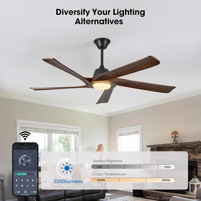 60“ DC Ceiling Fan with Light, Solid Wood Ceiling Fan with Remote and APP Control, 3-color Dimmable, 6-speed Reversible Fans for Bedroom, Living Room, Dark Walnut