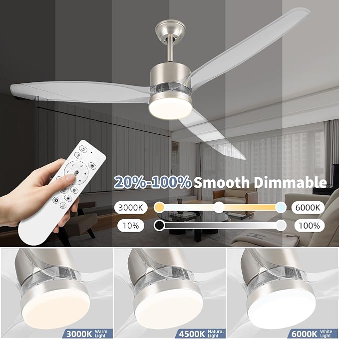 OKELI 52" Smart Ceiling Fan with Light, WiFi Enabled for Alexa & App Control, Reversible Brushed Nickel Modern Ceiling Fan with Dimmable LED Light and Remote, Clear Blades for Living Room Bedroom