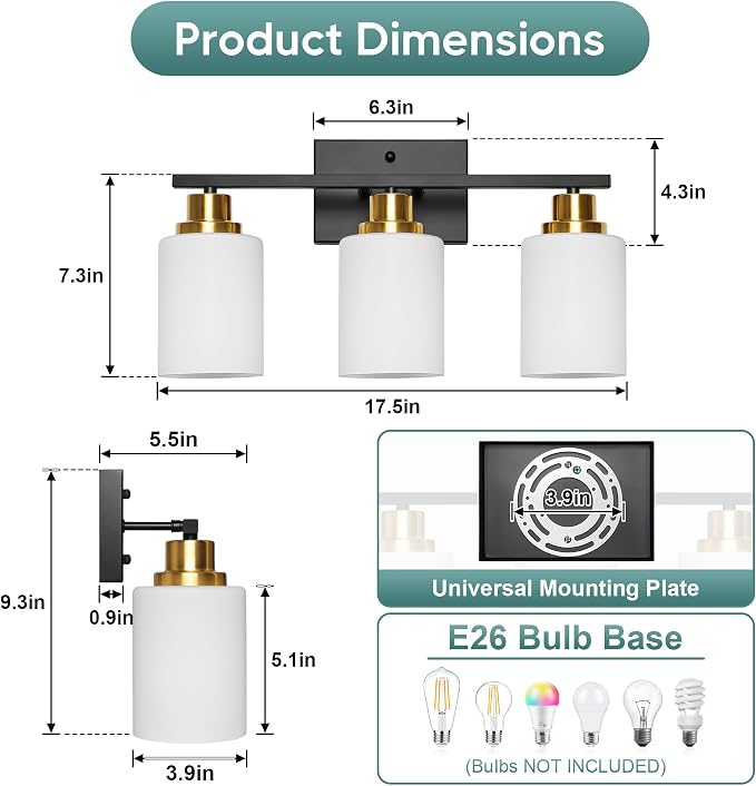 Ascher Bathroom Light Fixtures, 3-Light Vanity Light Over Mirror, Black and Gold Wall Sconces with Milky White Frosted Glass Shades, Wall Lamp for Living Room Bedroom, E26 Base(Bulbs Not Included)