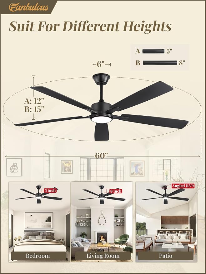 Fanbulous 60 Inch Ceiling Fans with Lights and Remote, Stepless Color Temperature Change & Dimmable 20W LED Ceiling Fan, 6 Speeds Reversible Quiet DC Motor for Bedroom, Living Room, Apartment,Black