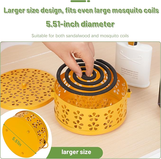 Portable Iron Mosquito Coil Holder with Handle Round Heat-Resistant Incense Holder (2 Pack Yellow)