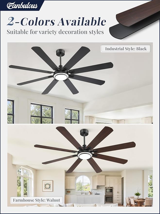 Fanbulous 72 Inch Ceiling Fans with Lights and Remote, Black Ceiling Fan with 8 Dual-Color Blades, Indoor/Outdoor Large Ceiling Fans, Reversible DC Motor, 6-Speed, 3CCT for Living Room Kitchen Patio