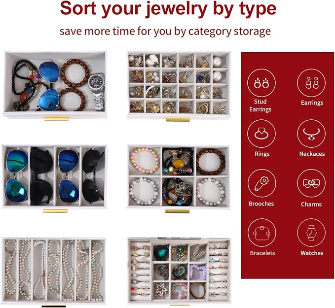 BOOVO Jewelry Boxes for Women, White and Black 6 Layer Large Jewelry Box for Necklace, Bracelet, Earrings, Rings Storage, Jewelry holder Organizer for Girls Gift (White and Gold, 6 layer)