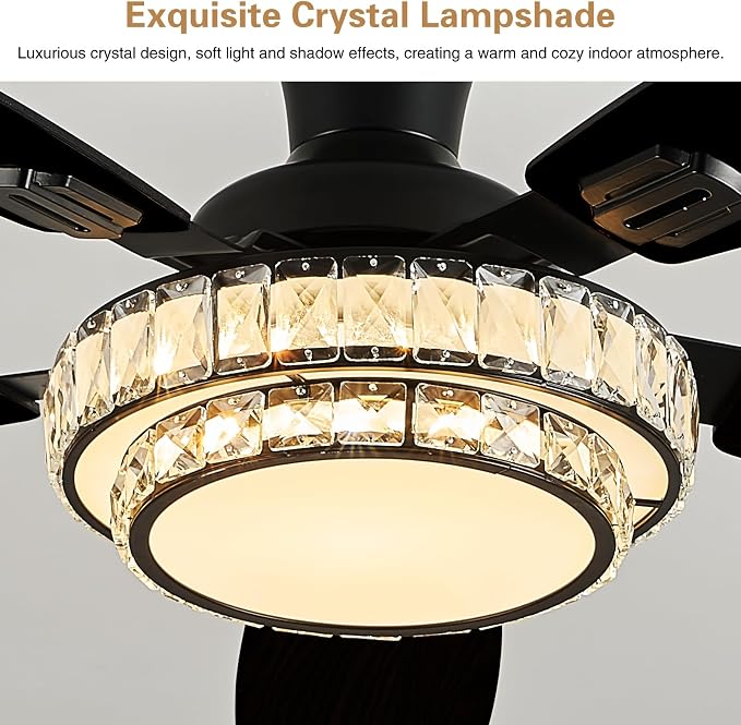 Ceiling Fans with Lights - Crystal Ceiling Fan, 52" Low Profile and Remote Control, Flush Mount, Reversible, 3CCT, Dimmable, Noiseless, Black Ceiling Fan for Bedroom