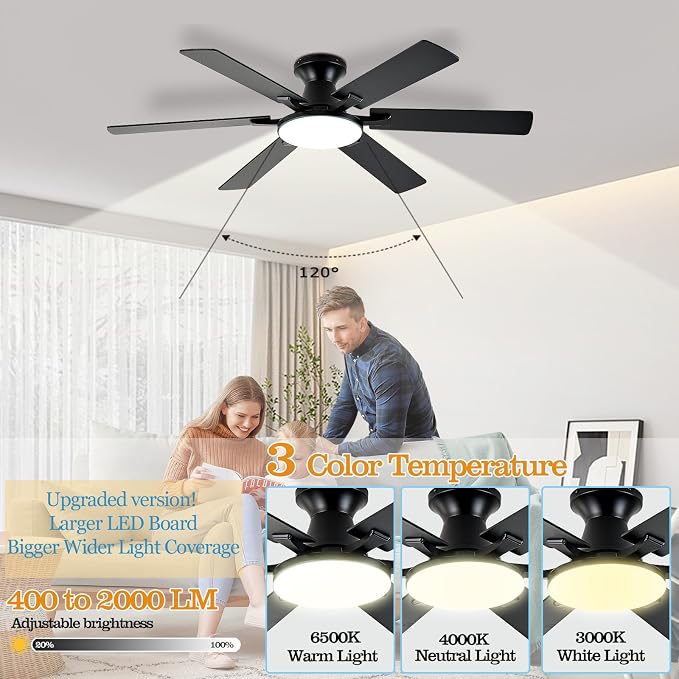 Ceiling Fans with Lights,54 Inch Low Profile Ceiling Fan with Light and Remote Control,6 Speeds/6 Blade,Flush Mount,LED Dimmable DC Reversible Modern, Black Ceiling Fan for Bedroom/Living Room
