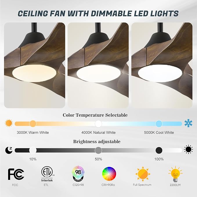 82 inch Large Ceiling Fans with Lights, Damp Rated Outdoor Ceiling Fan for Patios, 3 Wooden Propeller Blades, High CFM Smart Fan with Remote & APP & Alexa Control for Indoor Exterior Commercial