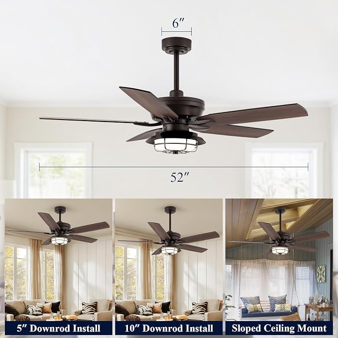 NORFOLK Outdoor Ceiling Fans with Lights and Remote, Waterproof 52 Inch Ceiling Fan with 3 Color LED Light for Patios, Gazebos, and Indoor, Wet Rated Farmhouse Modern Style