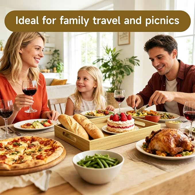 17 x 12 Inch Acacia Wood Large Serving Tray with Handles | Large Wood Tray for Drinks, Food, Ottoman & Breakfast in Bed, Leather Mat Included