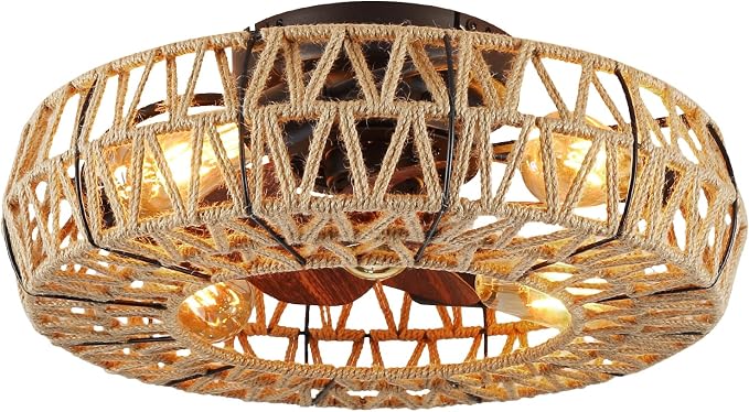 20 Inch Boho Caged Bladeless Ceiling Fan with Light,Flush Mount Rattan Fandelier Ceiling Fans Lights and Remote Contro,Enclosed 6 Speeds Low Profile Farmhouse Fan Light for Bedroom,Kitchen,Living Room