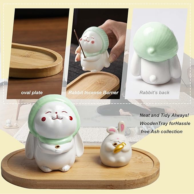 Cute Rabbit Incense Holder for Sticks – Resin Incense Stick Holder with Bamboo Ash Catcher,Perfect for Energy Cleansing,Yoga,Meditation,Zen Spaces, and Altar Decor