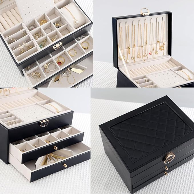 GUOER Jewelry Box for Women Girl Wife 3 Layers Large PU Leather Jewelry Organizer Storage Case with Two drawers Display for Earrings Bracelets Rings Watches (Black) | Vintage Quilting Stitching PU Leather, Earrings Bracelets Rings Necklace Watches Stor...