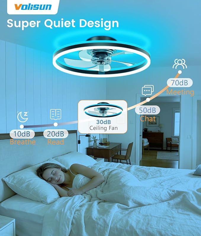VOLISUN RGB Ceiling Fans with Lights and Remote, 20in Low Profile Ceiling Fans with Lights Flush Mount, 3000K-6500K Dimmable Fandelier LED Fan Light, Black Bladeless Ceiling Fans for Bedroom