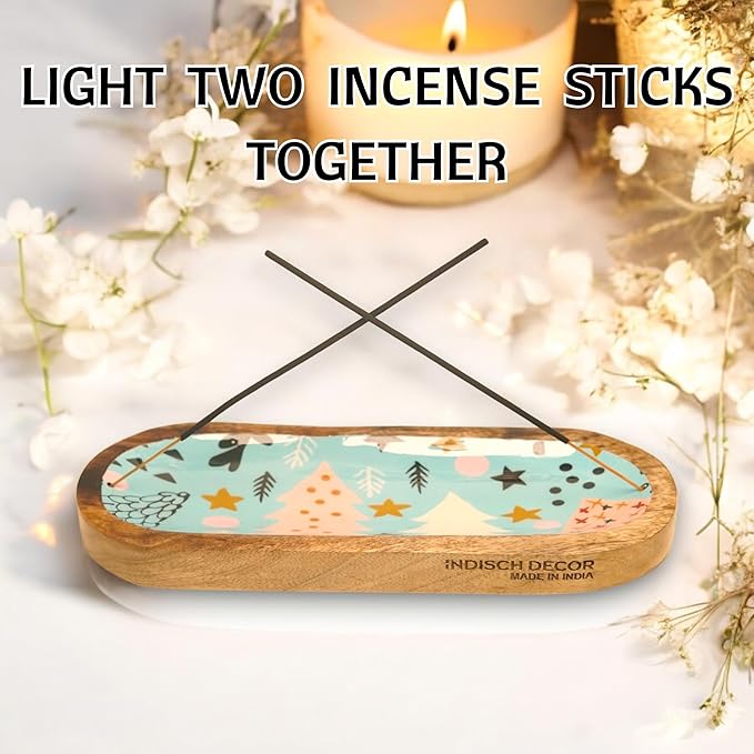 Rustic Wooden Incense Burner Holder - Handcrafted Mango Wood Insence Tray, Incense Burner/Incense Holder/Ash Catcher 12" Heat Resistant - Perfect for Meditation, Yoga & Aromatherapy (Blue & Brown)