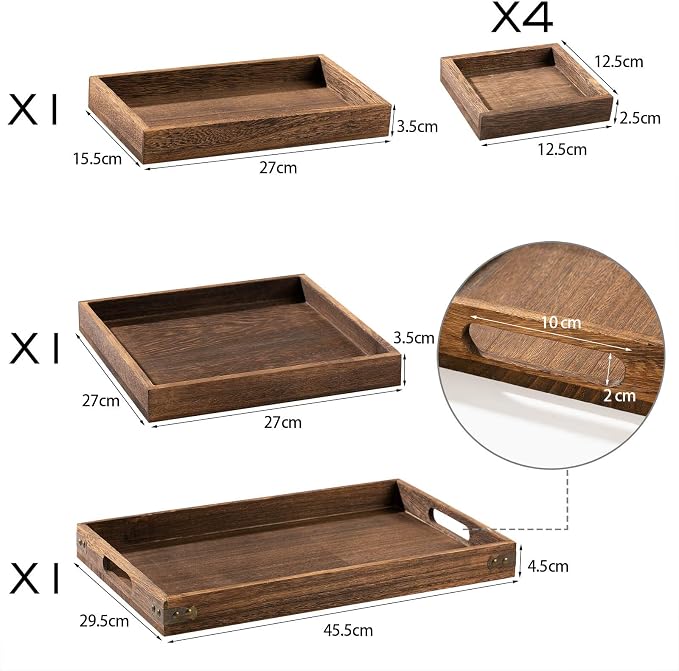 Yangbaga Rustic Wooden Serving Trays with Handle - Set of 7 Rectangular Platters for Entertaining, Breakfast, Coffee Table, Home Decor