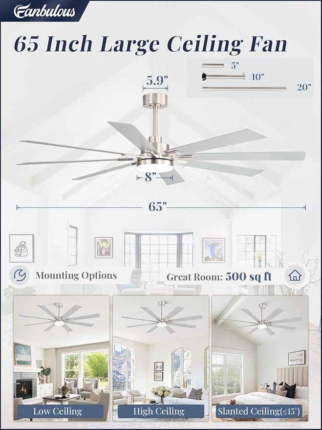 Fanbulous 65 Inch Ceiling Fan with Light and Remote, 6 Speeds Reversible DC Motor Ceiling Fans for Living Room Patio Garage, 3CCT Dimmable LED, 8 Wood Blades, Downrod Mount, Sloped Ceiling Compatible